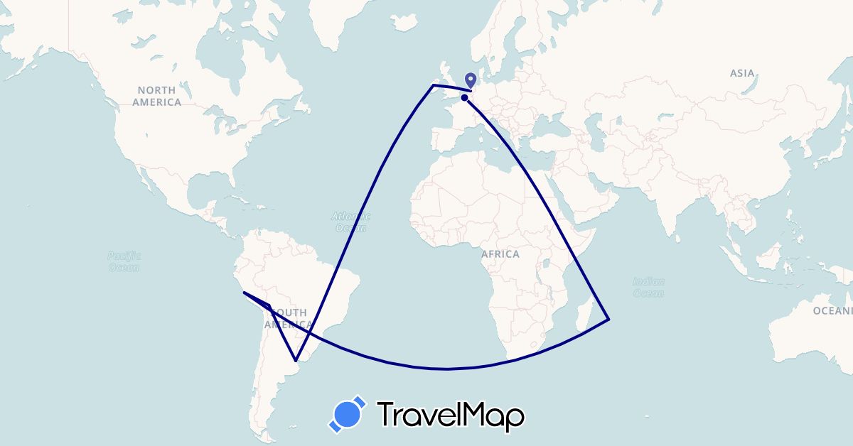 TravelMap itinerary: driving in Argentina, Bolivia, France, Ireland, Netherlands, Peru, Réunion (Africa, Europe, South America)